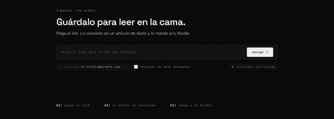 Maqueta de la pantalla inicial de Papiro: una caja tipo buscador para pegar la URL y el correo de la Kindle